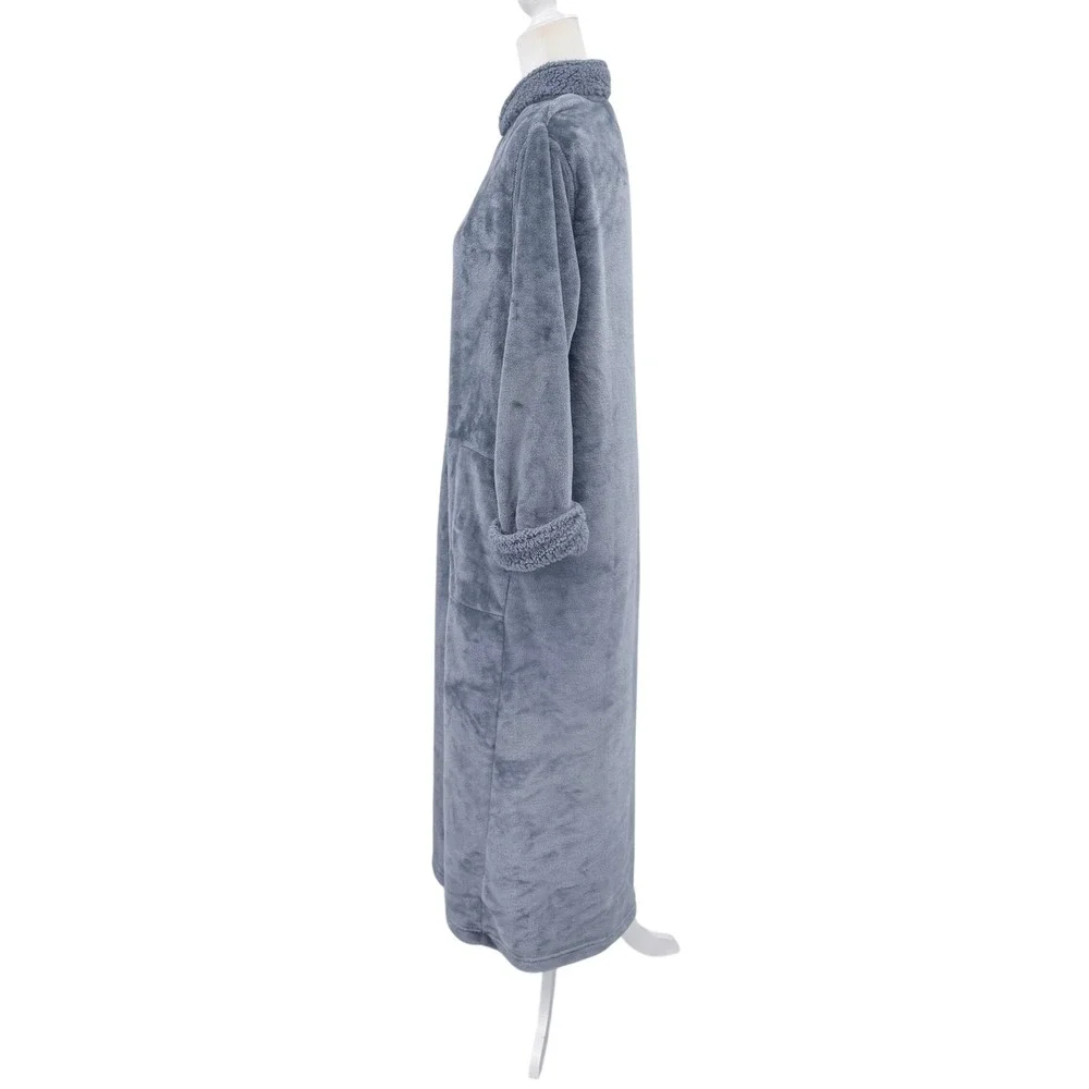 Natori Slate Blue Plush Faux Fur Half Zip Long Robe Sherpa Trim Size M Cozy Warm